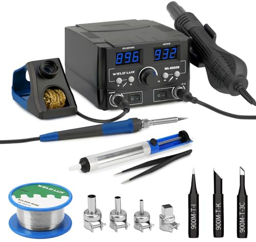 Weld Lux Upgraded 820W Digital Soldering Station Kit - 2 In 1 Hot Air Rework Station with °F /°C Display, Hot/Cold Air Switching, Digital Temperature Correction and Sleep Function(Black)