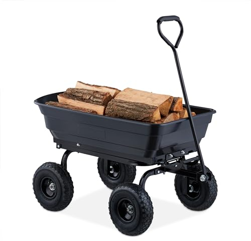 Relaxdays Gartenwagen, mit Kippfunktion, Gartenabfälle, 4 Luftreifen 3.50-4, bis 250 kg, Handwagen zum Ziehen, schwarz