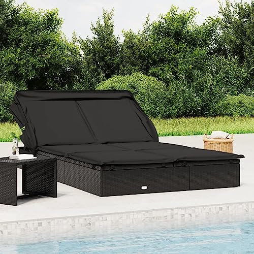 Rantry Sonnenliegen mit Faltdach 2 Personen Doppelliege Gartenliege Möbel Relaxliege Strandliege mit Verstellbare Rücken für Garten Terrasse Pool Balkon Schwarz 213x118x97 cm Poly Rattan #1