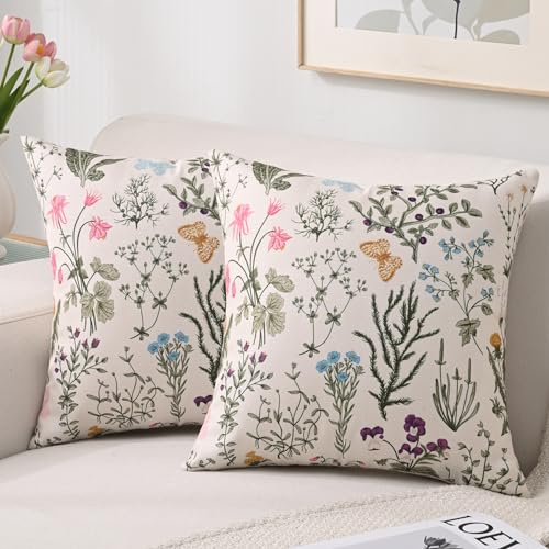 HomeStilez Kissenbezug Moderne Wasserfest Leinen Sofakissen 45 x 45 cm Outdoor Kissen Quadratisch Wildblumen Grün Blätter Salbei Dekorative Kissenhülle für Frühling Sommer Garten Sofa Bank, 2er-Set