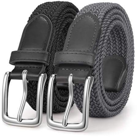 WERFORU 2 stycken unisex elastiskt tygbälte flätat stretchbälte stretchigt bälte för kvinnor och män, Svartgrå, Gürtellänge 130cm