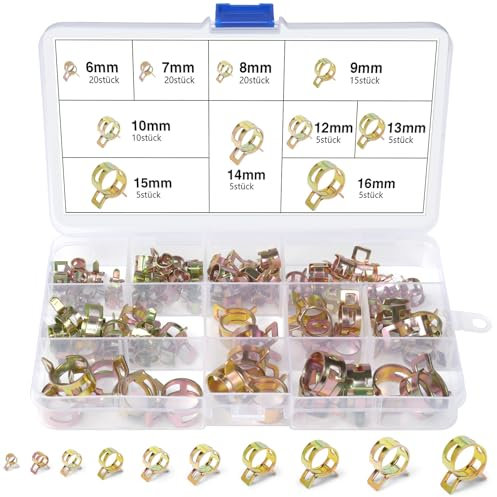 REJOECE 110 Pezzi Fascette Stringitubo a Molla, 6/7/8/9/10/12/13/14/15/16 mm Clip per Tubo Flessibile per Carburante, Morsetto a Molla, Morsetti per Tubi Flessibili per Tubo Di Vuoto