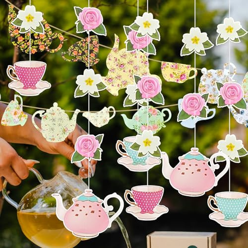 Floral Talking Party Decorations Banner - Tea Cup Banner and 6pcs Teapot Accessories for Tea Afternoon Party Supplies, Dessert Table, Baby Shower, Birthday, Wedding