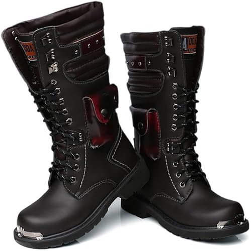 Mode ridstövlar för män Steampunk Retro PU Läder Knight Boots Outdoor Snörning Ridstövlar Skor Militärstövlar,Svart,43 EU
