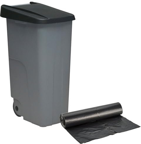 WELL HOME MOBILIARIO & DECORACIÓN Contenedor Cerrado 110L Negro H.88cm + Rollo 10 bolsas de basura 120L