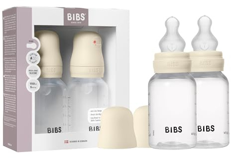 BIBS Nappflaska 150 ml Silikonsugdel 2-pack - Kolikmotverkande, BPA-fri, rund sugdel, långsamt flöde, lätt och enkel att rengöra, lämplig för nyfödda 0+ år - Ivory