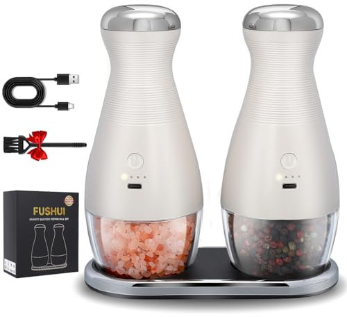 FUSHUI Gravity Electric Salt and Pepper Grinder Set, USB Rechargeable with Warm LED, Automatic & Adjustable Coarseness, Kitchen Gadgets, Housewarming Gifts for New Home, Cooking Gifts for Men & Women