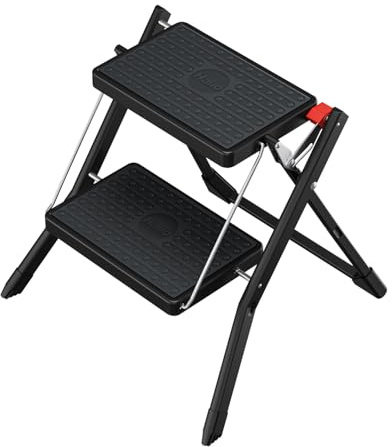 Hailo MK61 Mini Stahl-Trittleiter mit 2 Stufen bis 150 kg, Schwarz | Klapptrittleiter mit Anti-Rutsch-Matten, Klappsicherung, Tragegriff, rostfrei, einfach zu verstauen