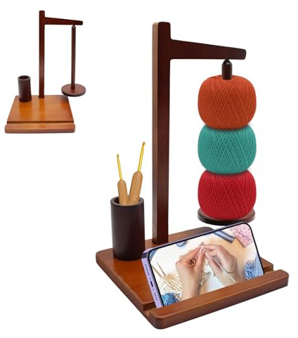 Support Pelote de Laine en Bois, Dévidoir de Laine avec Porte-Téléphone, Support Magnétique Multifonction pour Laine, Dérouleur de Pelote de Laine, Rangement de Fil pour Crocheter et Tricoter
