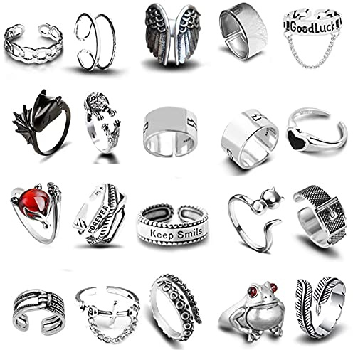 Hogvinnatil Punk-Ring-Set, Vintage, Silber, Goth, Punk, Ringe, Set für Männer, Frauen, Mädchen | Offene Ringe, verstellbar, Biker, Gothic, stapelbar, Goth, Ringe