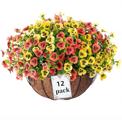 Siganorpy 12 Bundles Artificial Flowers Outdoors Pansy Plants Fake Flowers Decor Eucalyptus Artificial Grass Shrubs Bushes UV Resistant Plastic Flowers Fern for Garden Porch Home (Red+Yellow)