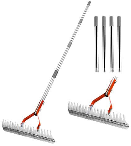 Thatch Rake, 160cm Adjustable Lawn Thatching Tool with Long Handle, Heavy Duty Steel Grass Remover for Dead Grass Moss Leaves Stones Debris, Soil Loosening Levelling for Garden Yard Lawn