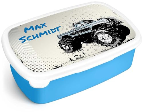 GRAVURZEILE Bedruckte Lunchbox - Monstertruck - Personalisiert mit Namen - Brotdose für Kinder - Individuell mit Wunschmotiv - Platzsparend stapelbar - Perfekt für Schule & Kita - Farbe: Blau