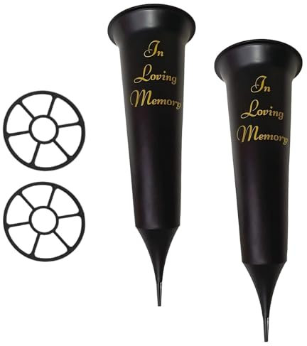 Caliko Set of 2 In Loving Memory Grave Vases -Strong Plastic Grave Ornaments in Black Colour, Grave Side Flower Holders and grave vases with spike for Fresh or Artificial Flowers.