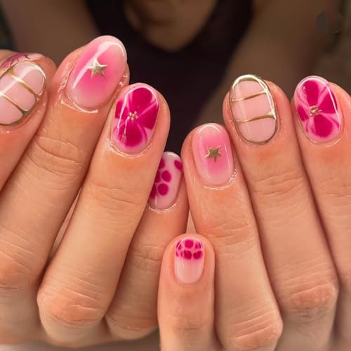24Pcs Summer Red Flower Press On Nails, Short Fake Nails with Floral Design, Glossy Acrylic Nail for Women, Reusable Stick On Nail Kit, Perfect for Summer