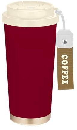 RPLIFE Vaso de café de viaje de 16 onzas con popote y tapa de filtro, revestimiento de cerámica aislado al vacío, vaso de doble pared, color borgoña