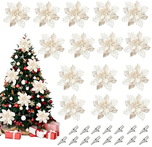 DEXYZZY Blume für Weihnachtsschmuck mit Clips, Weihnachtsblumen Deko, Weihnachtsblumen künstliche Blumen, Künstliche Blumen für Christbaumschmuck, Hochzeitsdeko, Neujahr Ornamente, 15 Stück weiß