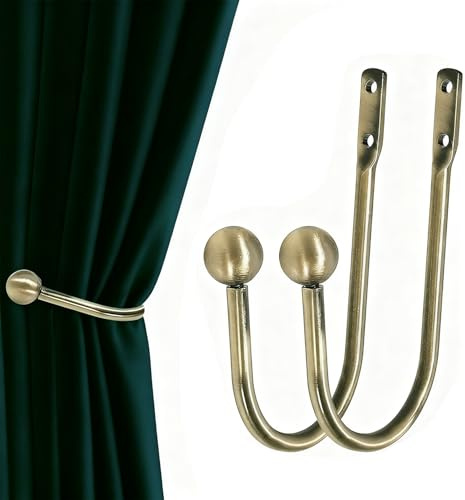 2 Pcs Curtain Tie Backs Hooks, Simple Curtain Holdback Wall Mounted Hooks, Curtains U-Shaped Hook Wall Mounted Window, Screws for Bedroom Fixed Curtains or Hanging Items (Brass)