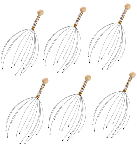 NOLITOY Masajeadores de Cabeza para Alivio del Estrés y Masaje del Cuero Cabelludo con Forma de Tentáculos de Acero Color Aleatorio 6 y Mango Ergonómico de Madera