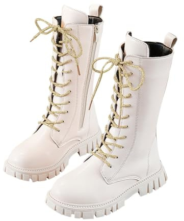 Stivali da neve caldi per ragazze Retro bambini Stivali invernali imbottiti con pile Stivali da equitazione con cerniera laterale Stivali stringati foderati in pelle Bambina