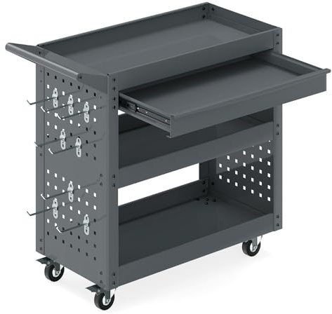 TANGZON 3-Tier Rolling Tool Cart, Utility Service Cart with Large Drawer, 2 Pegboards, 8 Hooks, Handle & Lockable Wheels, Heavy-duty Metal Mobile Storage Trolley for Garage Warehouse (Grey)