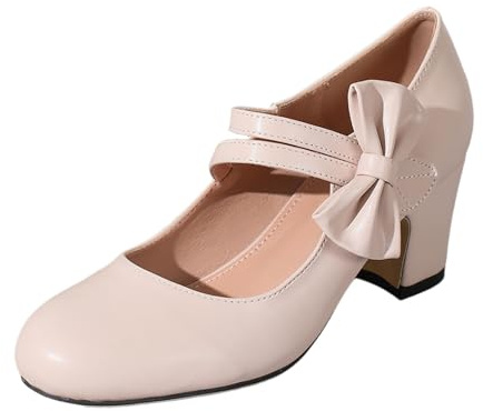 Scarpe Tradizionali con Tacco Scarpe da Ballo Grosse Scarpe da Sposa Scarpe da Ballo con Tacco a Blocco Ballerine Scarpe Eleganti con Tacco e Fibbia (Beige, 42)