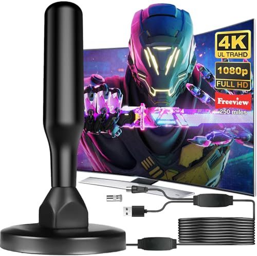 DVB-T2-antenn med förstärkare inomhus och utomhus – kraftfull inomhusantenn för TV 4K HD-mottagning – TV-antenn med magnetisk bas och 5 m koaxialkabel – kompatibel med alla DVB-T/DVB-T2-mottagare