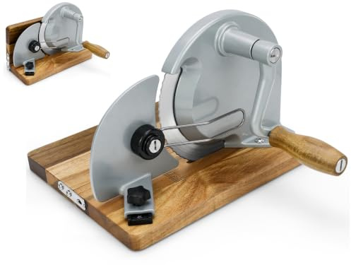 Brotschneidemaschine klappbar Silbergrau, manueller Brot-Fleischschneider, deutscher RSG-Klinge, 0-20mm Schnittstärke & Skala, robustes Aluminiumgehäuse, massiver AkazienholzsockelAkazienholzsockel