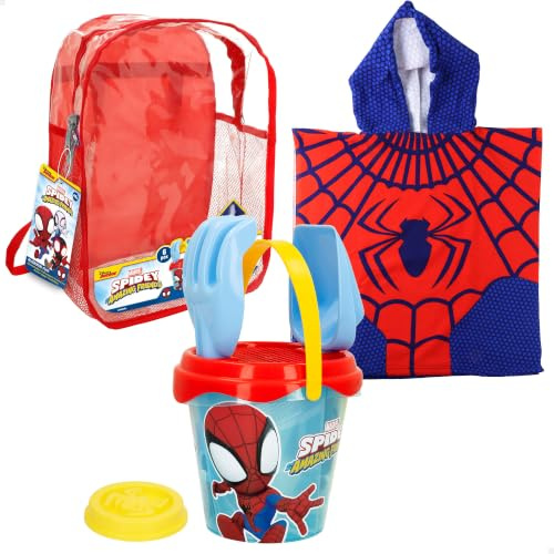 ColorBaby Spidey Set de Playa Infantil, Cubo de Playa con Pala y rastrillo, Poncho Infantil Spidey, Juguete de Playa, A Partir de 18 Meses (77893)