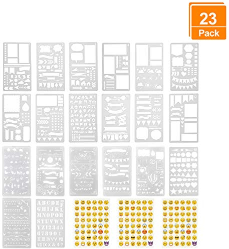 Lynlon Zeichenschablonen, 20 Stück und 144 Aufkleber für Journaling, Filofaxing, Scrapbooking, Kartenbasteln und für Kunst-Projekte, Tagebuch Schablonen