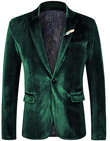 WEEN CHARM Velvet Blazer for Men Slim Fit One Button Sport Coat Tuxedo Jacket for Prom Wedding Party Dinner Green