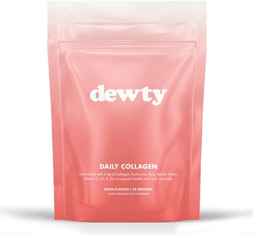Dewty Collagen Powder - 6400mg Peach Flavour Daily Collagen Supplement for Women - 6400mg of Collagen with Hyaluronic Acid, Biotin & Retinol, Beneficial for Skin, Hair, Nails & Joints (28-Day Pouch)