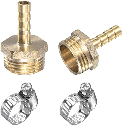 uxcell Brass Hose Barb Fitting Straight 6mm x G1/2 Male Thread Pipe Connector with Stainless Steel Hose Clamp, Pack of 2