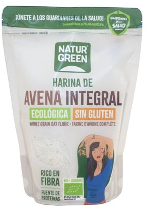 NaturGreen - Harina de Avena Integral Sin Gluten Bio, 500 g, Harina Ecológica 100% Vegana, Alta en Fibra y Proteínas, Ideal para Repostería Saludable, Panes y Tortitas