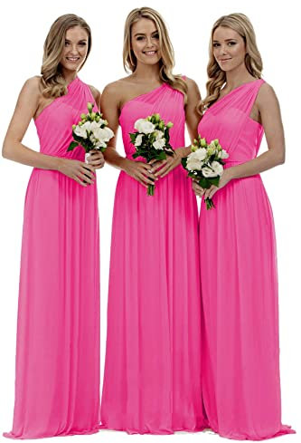 dinavian Vestido de gasa con un hombro descubierto para mujer, para fiesta de noche, baile, boda, dama de honor, fucsia, 42