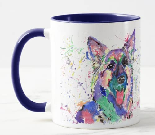 Vixar Taza de colores con diseño de perro pastor alemán, acuarela, arcoíris, regalo de cumpleaños, trabajo, oficina, Navidad, té, café (azul marino)