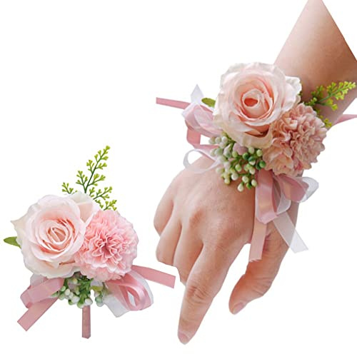 OUKEYI 2PCS Rose Flower Wrist Corsage Boutonniere Set,Boutonniere for Men Wedding White Rose Corsage Wristlet for Women Bride Bridesmaid Wrist Corsagefor Wedding Party Prom Decorations (Pink)
