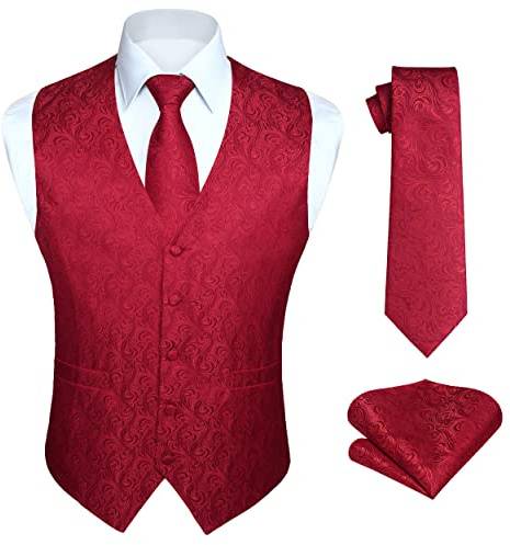 Hisdern Herrväst, paisley-mönster, blommig, jacquardväv, slips, ficknäsduk, väst, kostymset, Röd, M
