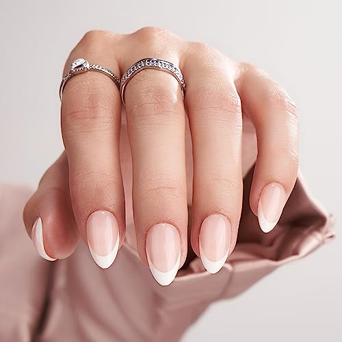 BTArtbox French Tip False Nails - Short Almond Press on Nails with Glue, 30Pcs Soft Gel Fake Nail in 15 Sizes, Reusable Semi-Transparent Stick on Nails for Women, White French