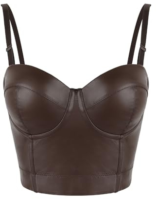 SLIMBELLE Women’s Faux Leather Bustier Steampunk Corset Boned Crop Top Bra with Straps PU Wet Look Fashionable Party Clubwear Chic Black Sexy Shaper Vest Carnival Costume