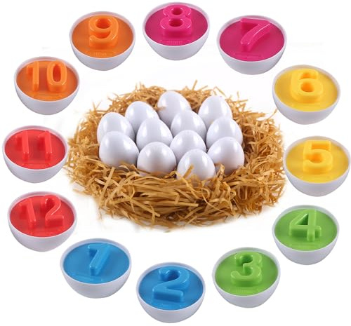 huruirui Uova di Pasqua Giocattoli per Bambini 1 2 3 Anni Montessori Giocattolo Apprendimento Numeri e Colori Precoce Educativo Abilità Motorie Fine per Pasqua Festa dei Bambini Compleanno 12pcs
