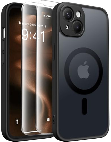 CAPRARO für iPhone 14 Case, Kompatibel mit MagSafe | Verbessert [Vollständiger Kameraschutz] Schutzhülle für Frauen und Mädchen, Durchscheinend, Matt, Schwarz