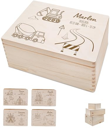 Bärenfreunde - Personalisierte Erinnerungsbox Baby mit Hochwertiger Gravur - Baby Erinnerungsbox - Erinnerungskiste aus Holz - Tolles Geschenk zur Geburt (M | Stülpdeckel,Baustelle)