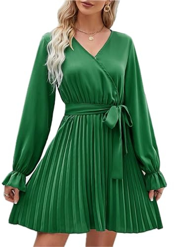 SEDEX Robe à manches longues, plissée à nouer à la taille, robe portefeuille à col en V pour femme, Vert, XXL