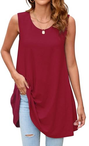Enmain Dam tunika toppar kortärmad vardaglig dam tunika blommigt tryckt långblusar t-shirt rund hals stretch bekväm S-3XL, Bs- Vinröd, XL