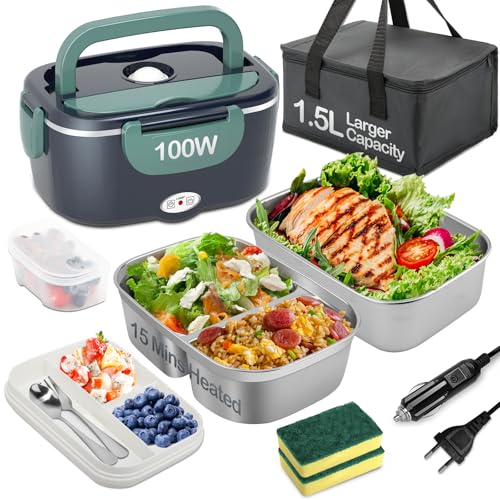 BYbrutek Boîte à déjeuner électrique 100 W, 3 en 1, portable, en acier inoxydable, 1,5 l, boîte à pain amovible, 12 V/24 V/220 V, pour voiture, camion, bureau (bleu et vert, 1,5 l)