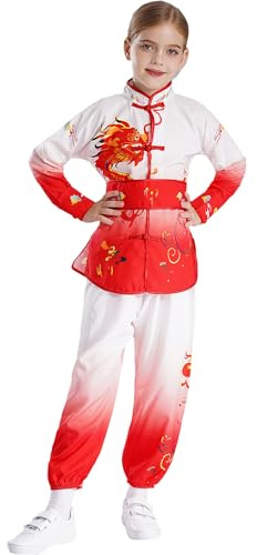 renvena Costume da Guerriero Cinese Taichi Bambina Abiti da Arti Marziali Qigong Wushu Camicia Ricamo Morbido Drago Uniforme Spadaccino Tradizionale Cinese Rosso 13-14 anni
