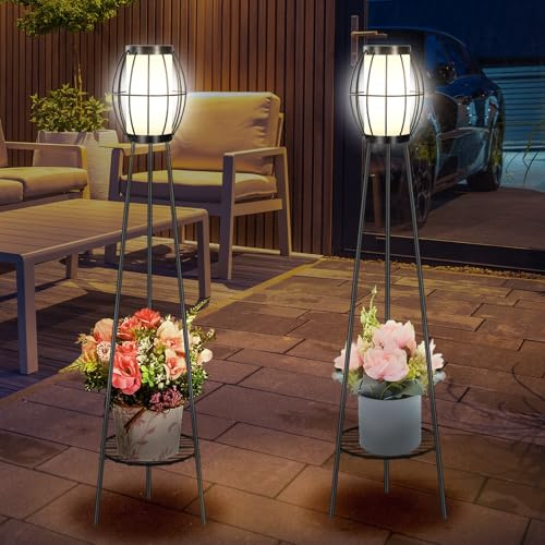 FQIIL 2 Pack Solar Lights Outdoor with Plant Stands, Solar Floor Lamps, Black Metal Tripod Deck Lights, Patio Decor for Garden Yard Pathway Driveway Porch