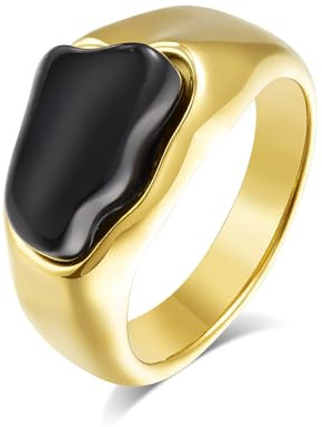 Joo&Rind Ring Gold Damen mit Stein 18K Vergoldet Siegelring Edelstahl Wasserfest Breit Schwarz Goldring für Frauen Schmuck Geschenk