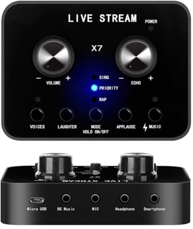 Live Soundkarte, Audio Interface, Audio Mixer mit 5 Sound Changer Effekten, Bluetooth Streaming DJ Mixer, Sound Mixer Board für Live Streaming/Aufnahme/Podcasting/Gaming